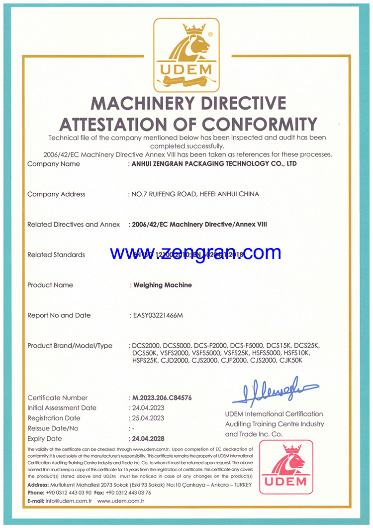 CE Certificate for AnHui ZengRan weighing machine